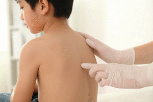 Doctor checking rashes from a boys back