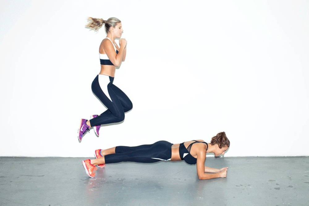 Include some jump over plans for an added push while exercising with a friend