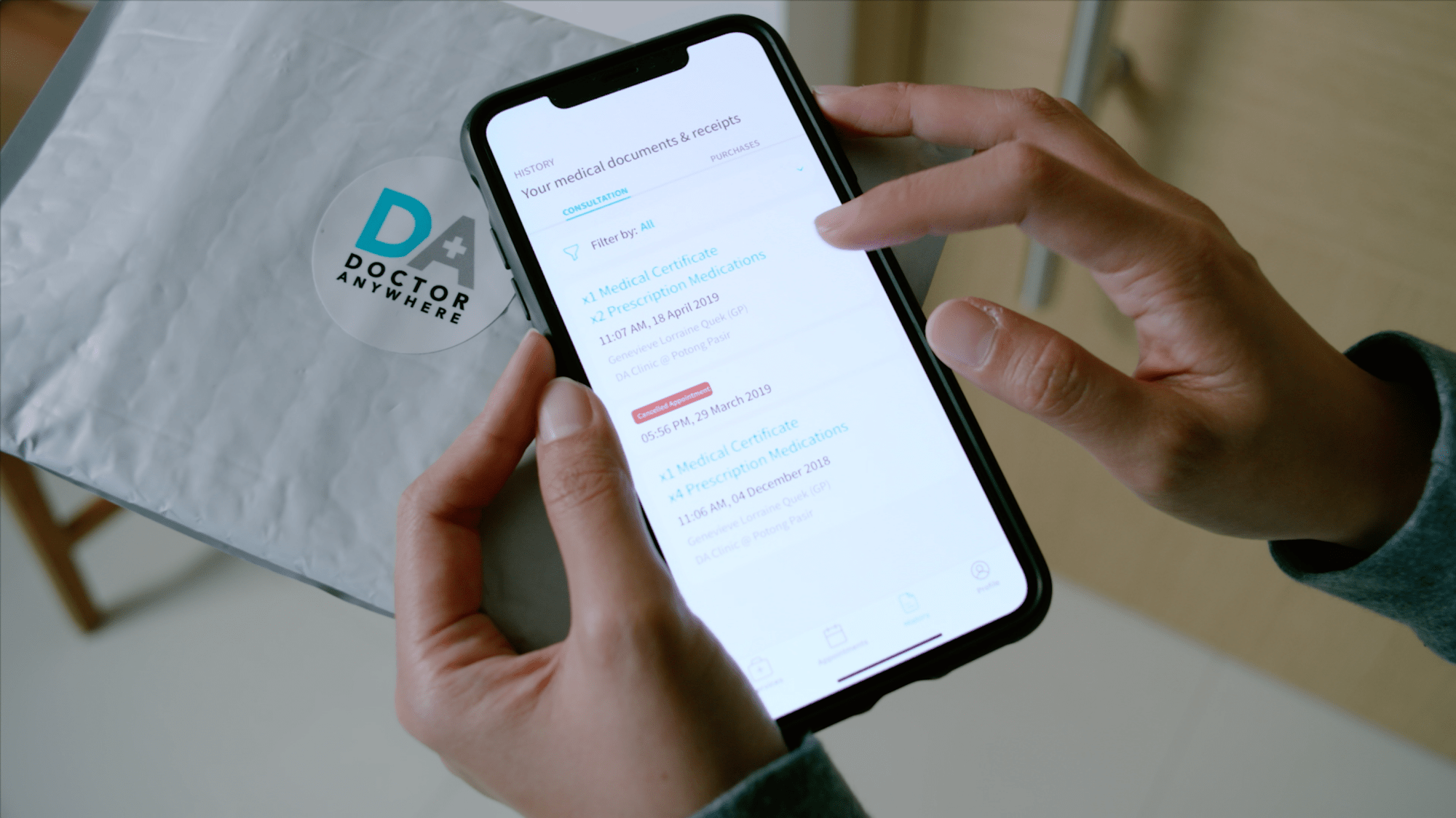 Medical documents and history are available in-app.